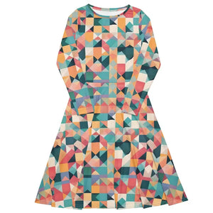 Long Sleeve Midi Dress Pastel Geometrical Shapes Bold Style Dipaliz - Dresses