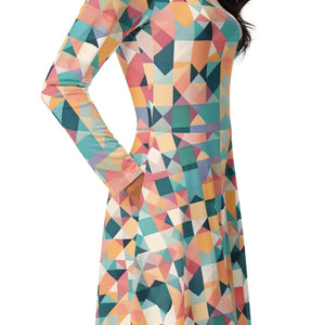 Long Sleeve Midi Dress Pastel Geometrical Shapes Bold Style Dipaliz - Dresses