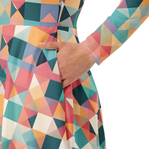 Long Sleeve Midi Dress Pastel Geometrical Shapes Bold Style Dipaliz - Dresses