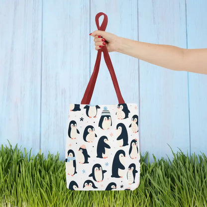 Chic Penguins Mufflers Aop Tote Bag 2024 Fashion Trend - 13’’ × / Red Bags