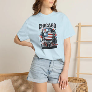 Chicago Astronaut Flag T-shirt, American Space Helmet City Skyline Tee - T-shirts