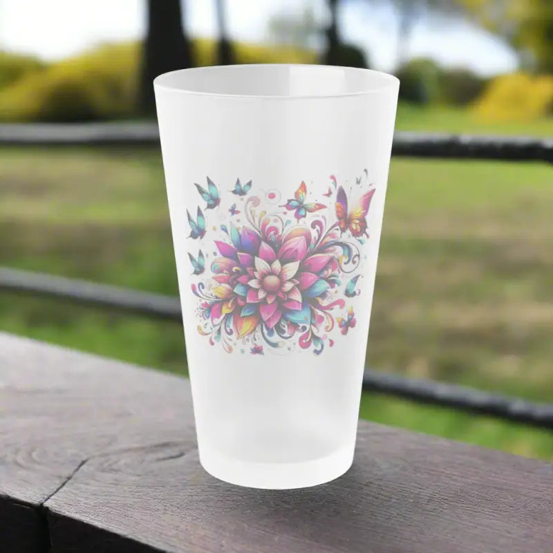 Chill in Style with our 16oz Frosted Flowers & Butterflies Glass - Mug