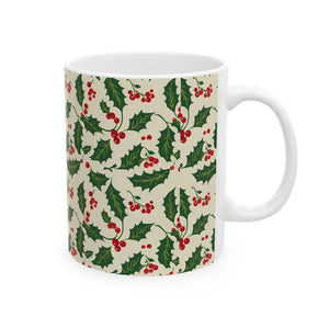 Christmas Holly Pattern Ceramic Mug - Festive Holiday Cup - Dipaliz - Mugs