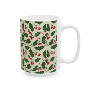 Christmas Holly Pattern Ceramic Mug - Festive Holiday Cup - Dipaliz - Mugs