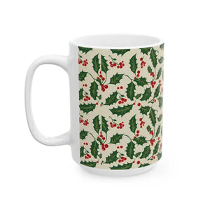 Christmas Holly Pattern Ceramic Mug - Festive Holiday Cup - Dipaliz - Mugs