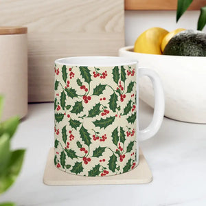 Christmas Holly Pattern Ceramic Mug - Festive Holiday Cup - Dipaliz - 11oz - Mugs