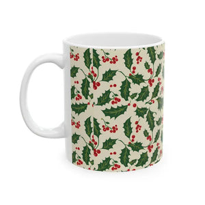 Christmas Holly Pattern Ceramic Mug - Festive Holiday Cup - Dipaliz - Mugs