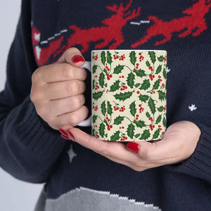 Christmas Holly Pattern Ceramic Mug - Festive Holiday Cup - Dipaliz - Mugs