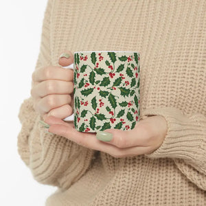 Christmas Holly Pattern Ceramic Mug - Festive Holiday Cup - Dipaliz - Mugs