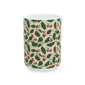 Christmas Holly Pattern Ceramic Mug - Festive Holiday Cup - Dipaliz - 15oz - Mugs