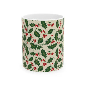 Christmas Holly Pattern Ceramic Mug - Festive Holiday Cup - Dipaliz - Mugs