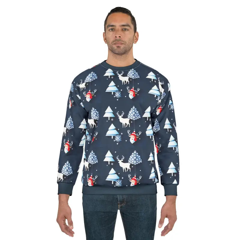 Festive Unisex Christmas Sweatshirt with Santa & Spruce Tree - All Over Prints