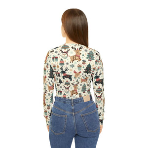 Christmas Reindeer and Tree Pattern Women’s Long Sleeve V-neck Shirt (aop) - T-shirts