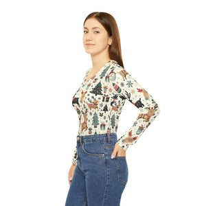 Christmas Reindeer and Tree Pattern Women’s Long Sleeve V-neck Shirt (aop) - T-shirts