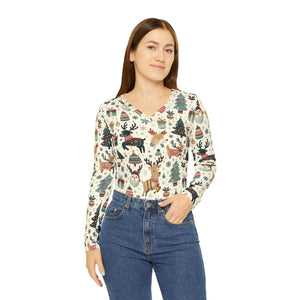 Christmas Reindeer and Tree Pattern Women’s Long Sleeve V-neck Shirt (aop) - T-shirts
