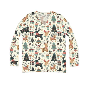 Christmas Reindeer and Tree Pattern Women’s Long Sleeve V-neck Shirt (aop) - T-shirts