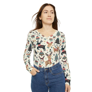 Christmas Reindeer and Tree Pattern Women’s Long Sleeve V-neck Shirt (aop) - T-shirts