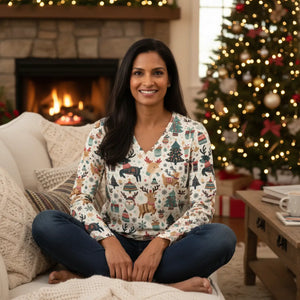 Christmas Reindeer and Tree Pattern Women’s Long Sleeve V-neck Shirt (aop) - T-shirts