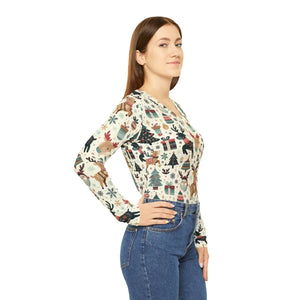 Christmas Reindeer and Tree Pattern Women’s Long Sleeve V-neck Shirt (aop) - T-shirts
