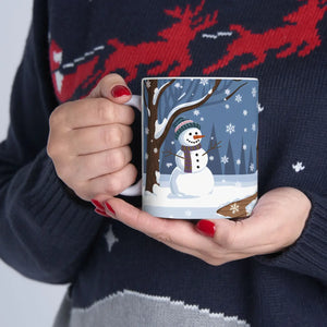 DipaliZ snowman ceramic mug, festive Christmas artwork on a white glossy base