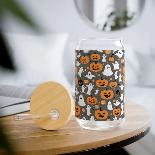 Sip & Spook: 16oz Jack o Lantern Tempered Glass Tumbler - with Lid and Straw