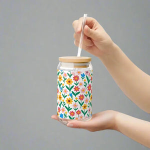 Floral Glass Tumbler with Bamboo Lid and Tritan Straw - Dipaliz - Tumblers