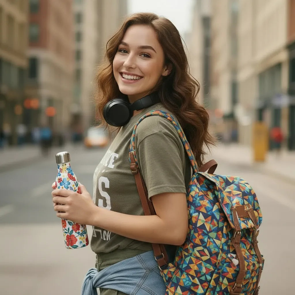 Closeup model with floral water bottle
