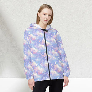 Outerwear - Cloud Dream Windbreaker Pastel Purple Print Hooded Shell - Dipaliz Xs
