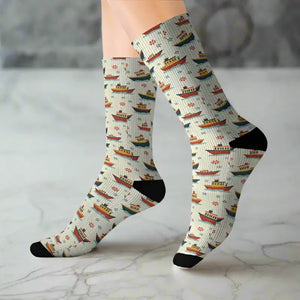Socks - Colorful Boat Patterned Nautical Gift Crew Style - Dipaliz
