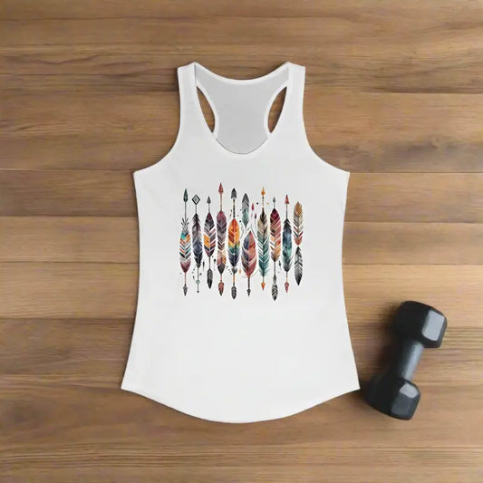 Vibrant Ethnic Racerback Tank with Colorful Feathers Pattern - Top