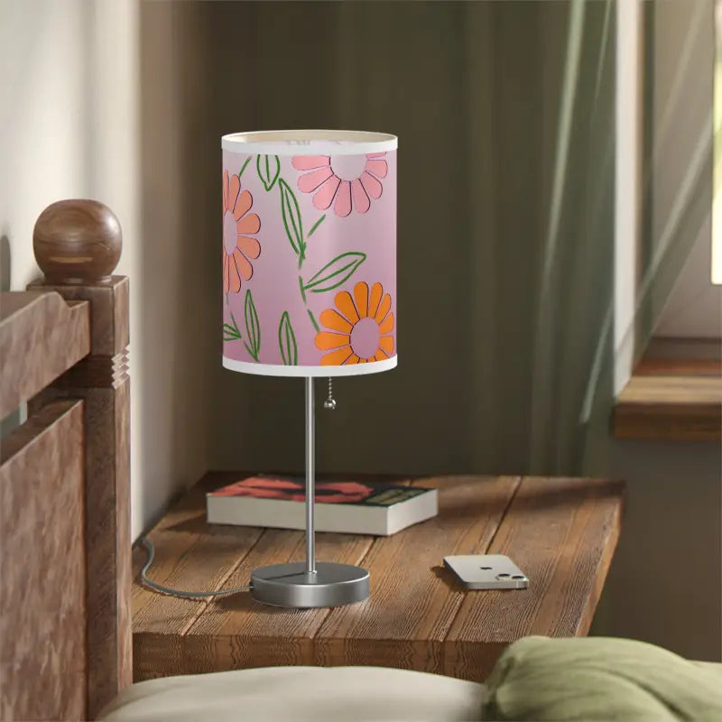 Colorful Flowers on Pink Lamp a Stand Us|ca Plug - Home Decor