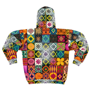 Women’s Vibrant Patchwork Quilt All-over Print Zip-up Hoodie | Colorful Geometric Tile Sweatshirt Unisex Zip (aop)