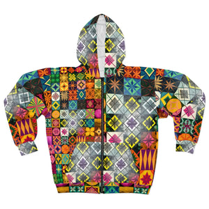 Women’s Vibrant Patchwork Quilt All-over Print Zip-up Hoodie | Colorful Geometric Tile Sweatshirt Unisex Zip (aop)
