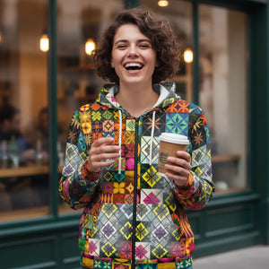 Women’s Vibrant Patchwork Quilt All-over Print Zip-up Hoodie | Colorful Geometric Tile Sweatshirt Unisex Zip (aop)
