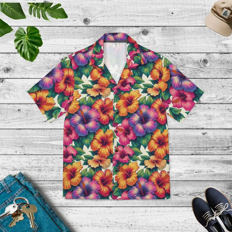 Colorful Hibiscus Flowers Hawaiian Shirt for Men - Xs Button