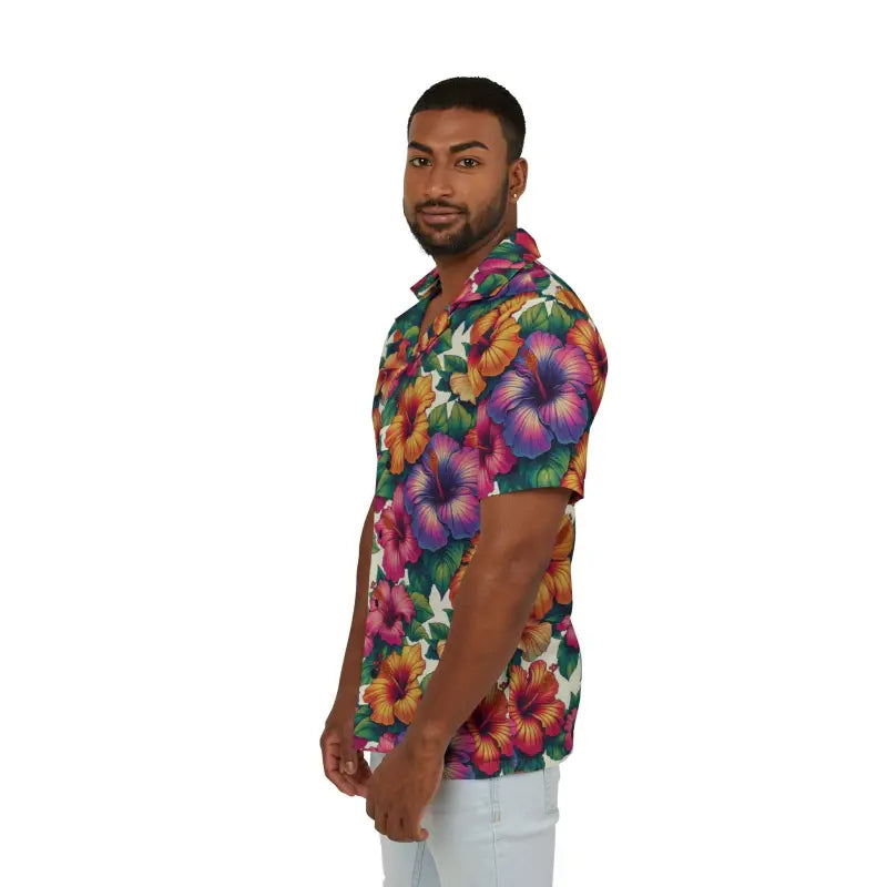 Colorful Hibiscus Flowers Hawaiian Shirt for Men - Button