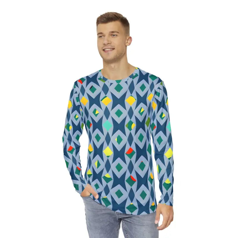 Vibrant Long Sleeve: Men’s Geometric Triangles Tee - All Over Prints