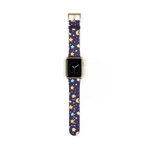 Watch Band - Faux Leather Cosmic Stars and Moon Pattern - Dipaliz - 42 - 45 Mm / Gold Matte - Bands