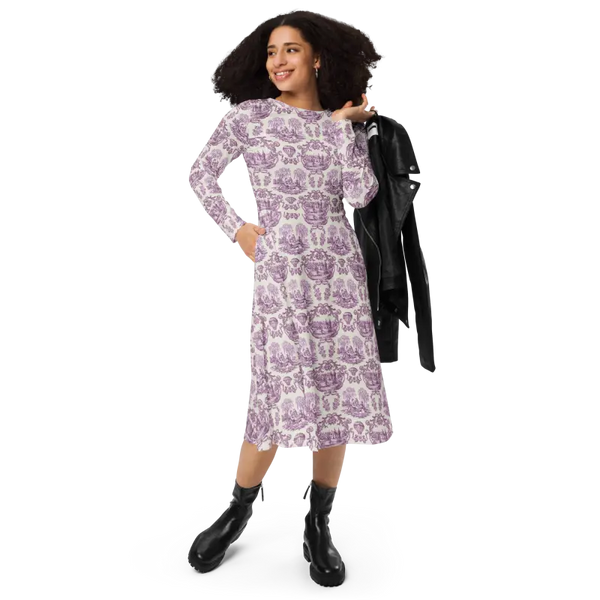 Dresses - Print Long Sleeve Midi Dress - Countryside Comfort - Dipaliz 2xs