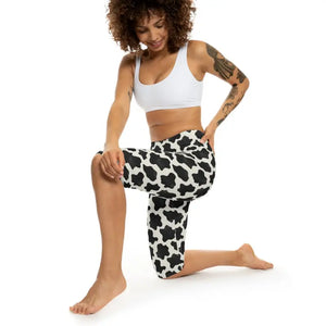 Cow Print Capri Leggings - Bold Activewear Style - Dipaliz - Xs / White Stitching