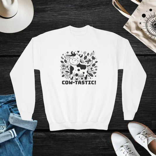 Cow-tastic Youth Crewneck Sweatshirt for Style and Comfort - White / Xs Kids Clothes