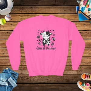 Cows & Daisies Youth Crewneck - Playful Cow Design - Dipaliz - Safety Pink / Xs - Sweatshirts