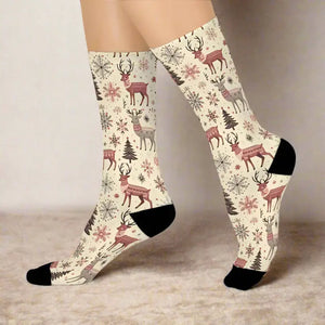 Cozy Christmas Crew Socks - Delightful Reindeer Patterns - Dipaliz - White / one Size / 3/4