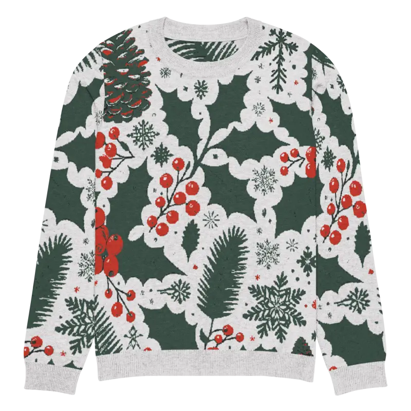 Cozy Knitted Crew Neck with Pine Leaves & Christmas Berries - l