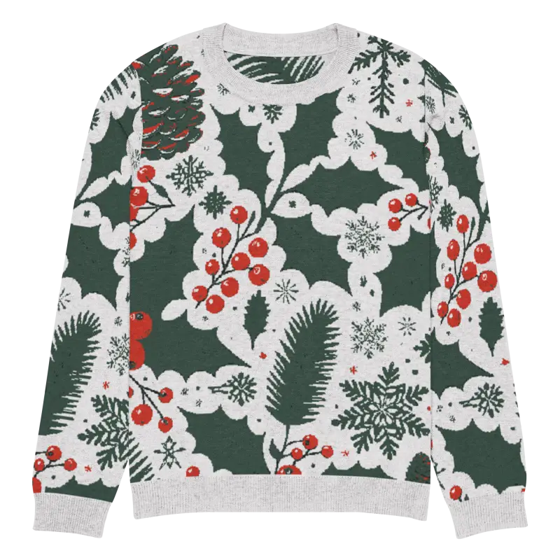 Cozy Knitted Crew Neck with Pine Leaves & Christmas Berries - m