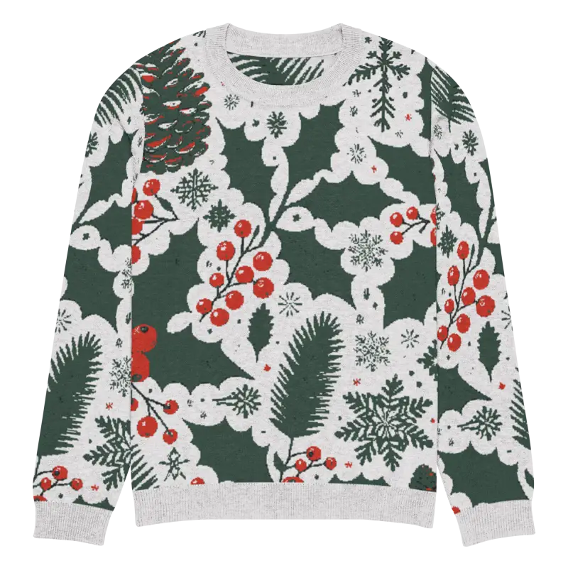 Cozy Knitted Crew Neck with Pine Leaves & Christmas Berries - s