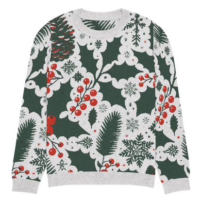 Cozy Knitted Crew Neck with Pine Leaves and Christmas Berries - s Sweater