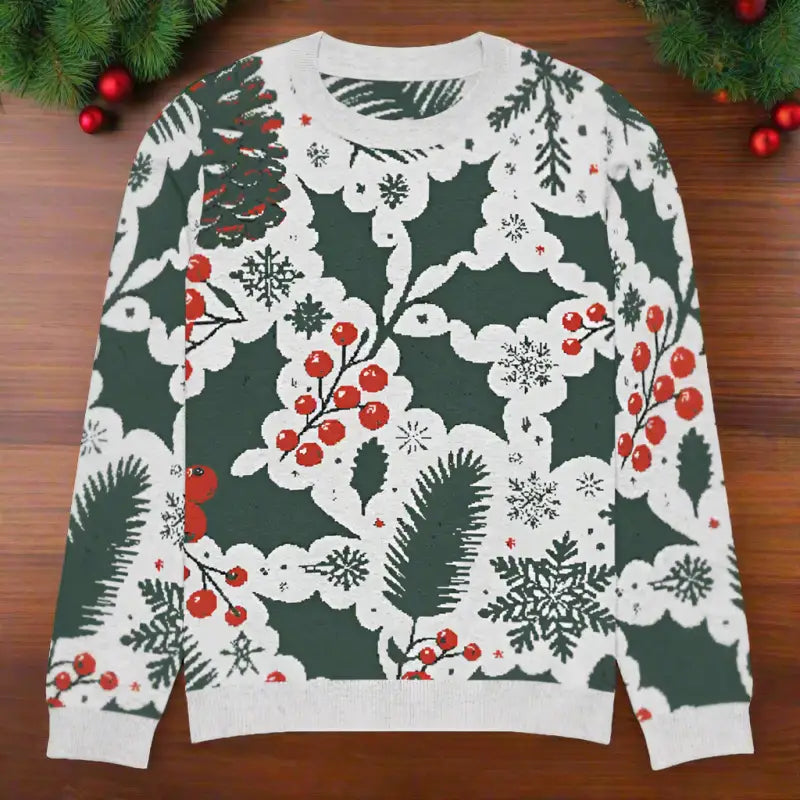 Cozy Knitted Crew Neck with Pine Leaves and Christmas Berries - Sweater