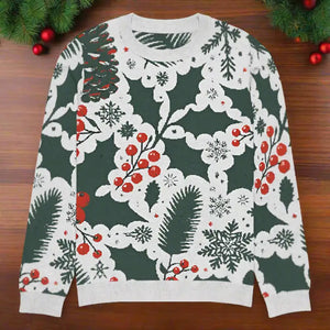 Knitted Crew Neck Christmas Berries Pine Leaves Sweater - Dipaliz - Sweaters