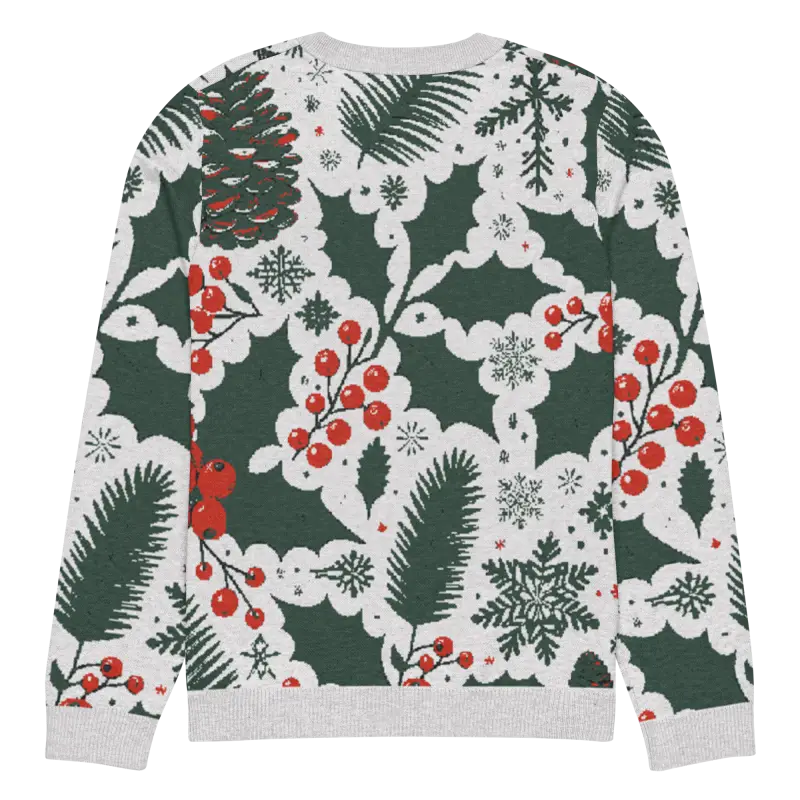 Cozy Knitted Crew Neck with Pine Leaves and Christmas Berries - Sweater